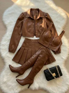 ست سه تیکه کت و دامن و کراپ چرم زنانه